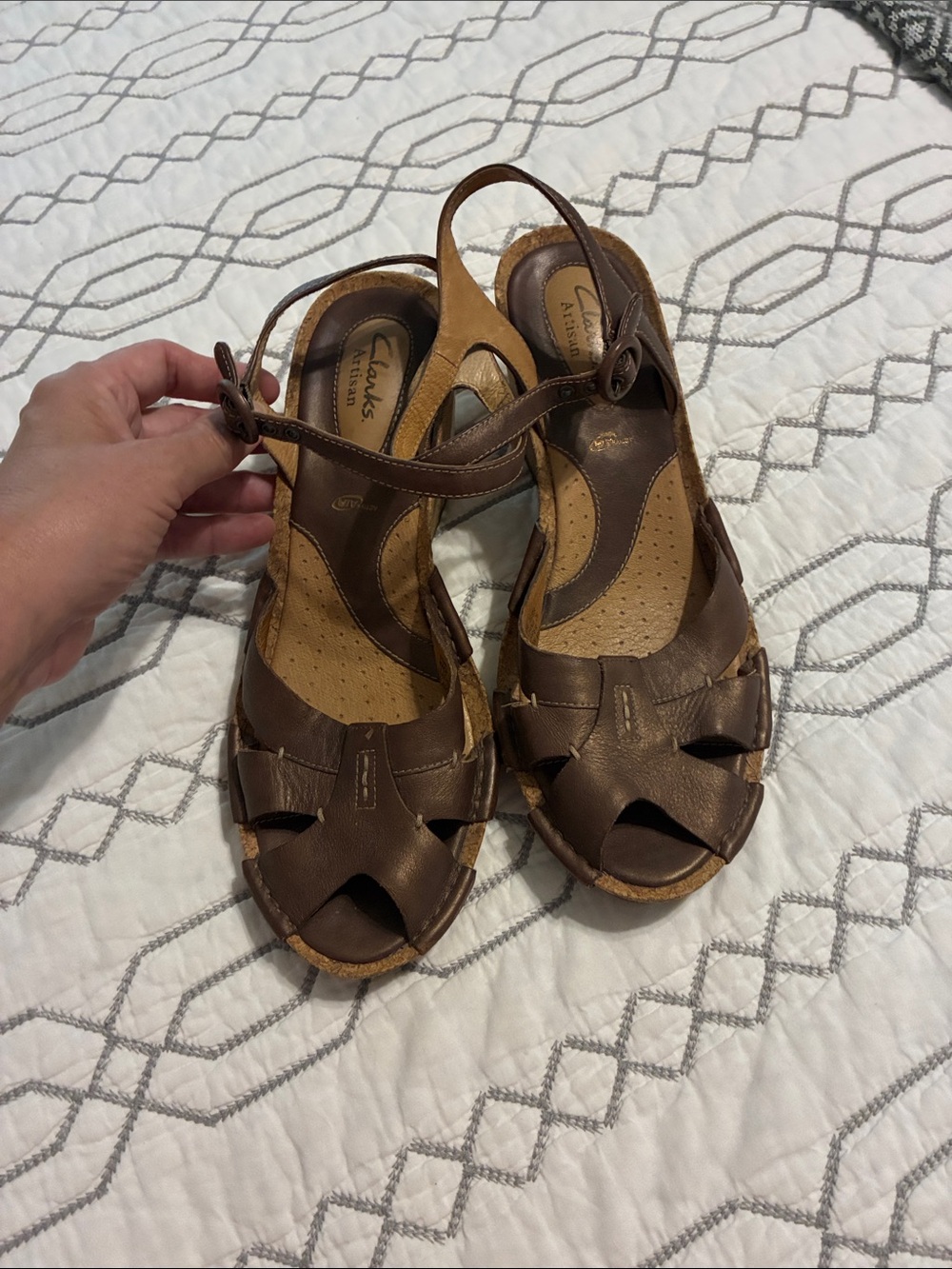 Clarks Brown Leather Slingback Wedge Sandals with Cutout Toe